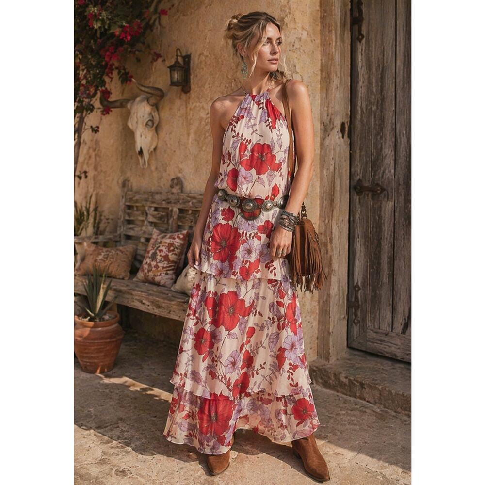 Mango Maxi Floral Dress Sm-Med Adjustable Festival Sundress Halter Romantic
